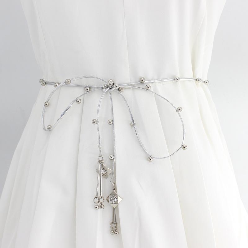 With Skirt Pu Knotted Waist Rope, Women'S Beaded Waist Chain, Dress Decorative Thin Belt.