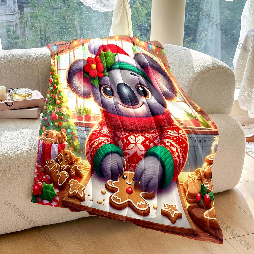 Festive Koala with Gingerbread Pattern Blanket Flannel Material Soft Warm for All Seasons, Home Outdoor Camping Picnics RV