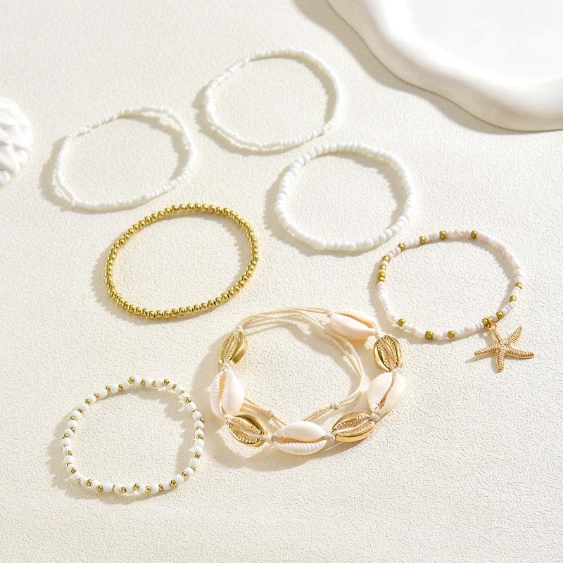 

Богемский браслет из рисовых бусин, аксессуары из белых ракушек, пляжный отдых, ветер, многослойные украшения, женский