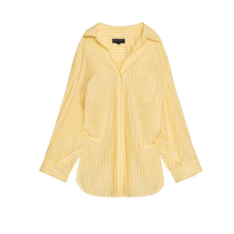 

Women s Spring Clothing Single-Breasted Drop-Shoulder Lapel Long Sleeves Stripes Loose Poplin Batwing Shirt 2020163 Yellow L
