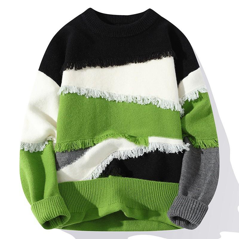 Mens Winter Loose Fit Knit Sweater With Color Block Design Round Neck Long Sleeve Casual Pullover Young Adults