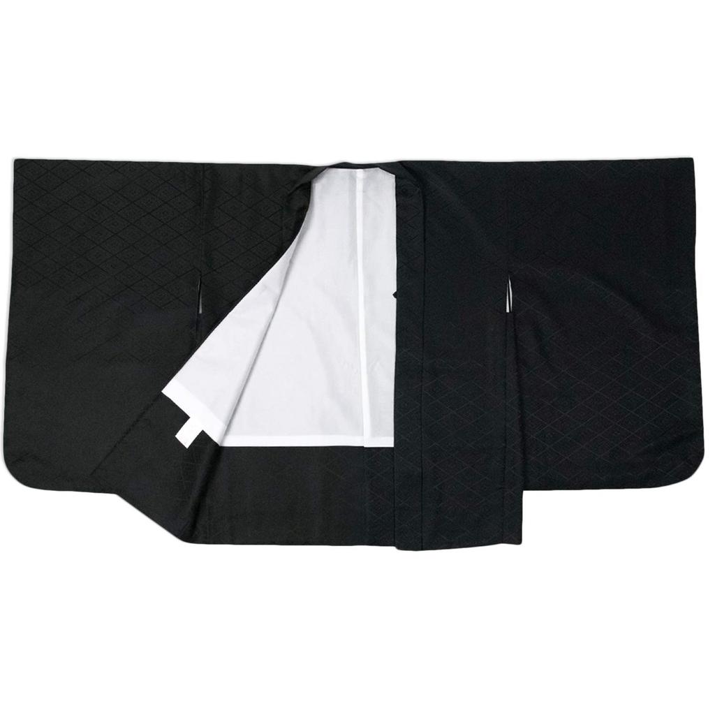 Kimono Set with Black Pattern and Montsuki Design Haori Folding Pocket Geta Two Waist and Tabi for Boys [KYOETSU] 12-Piece (Haori, Kimono, Nagajuban,