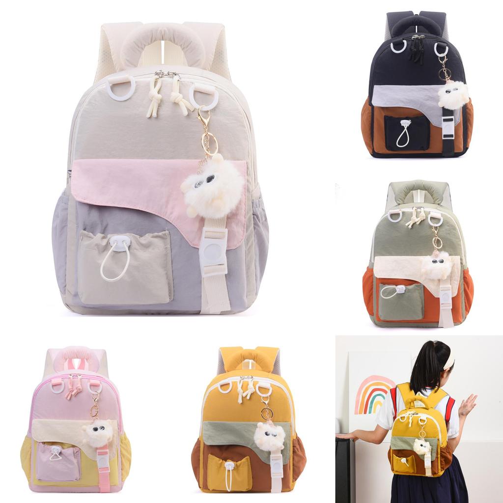 Childrens Blocked Color Backpack With Plush Pendant For School And Outings