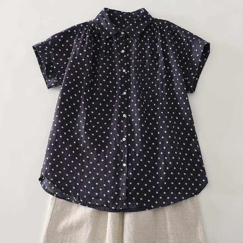 

Soft and breathable casual cotton and linen polka dot thin shirt women s summer new Polo collar short-sleeved single-breasted cardigan top 2XL синій