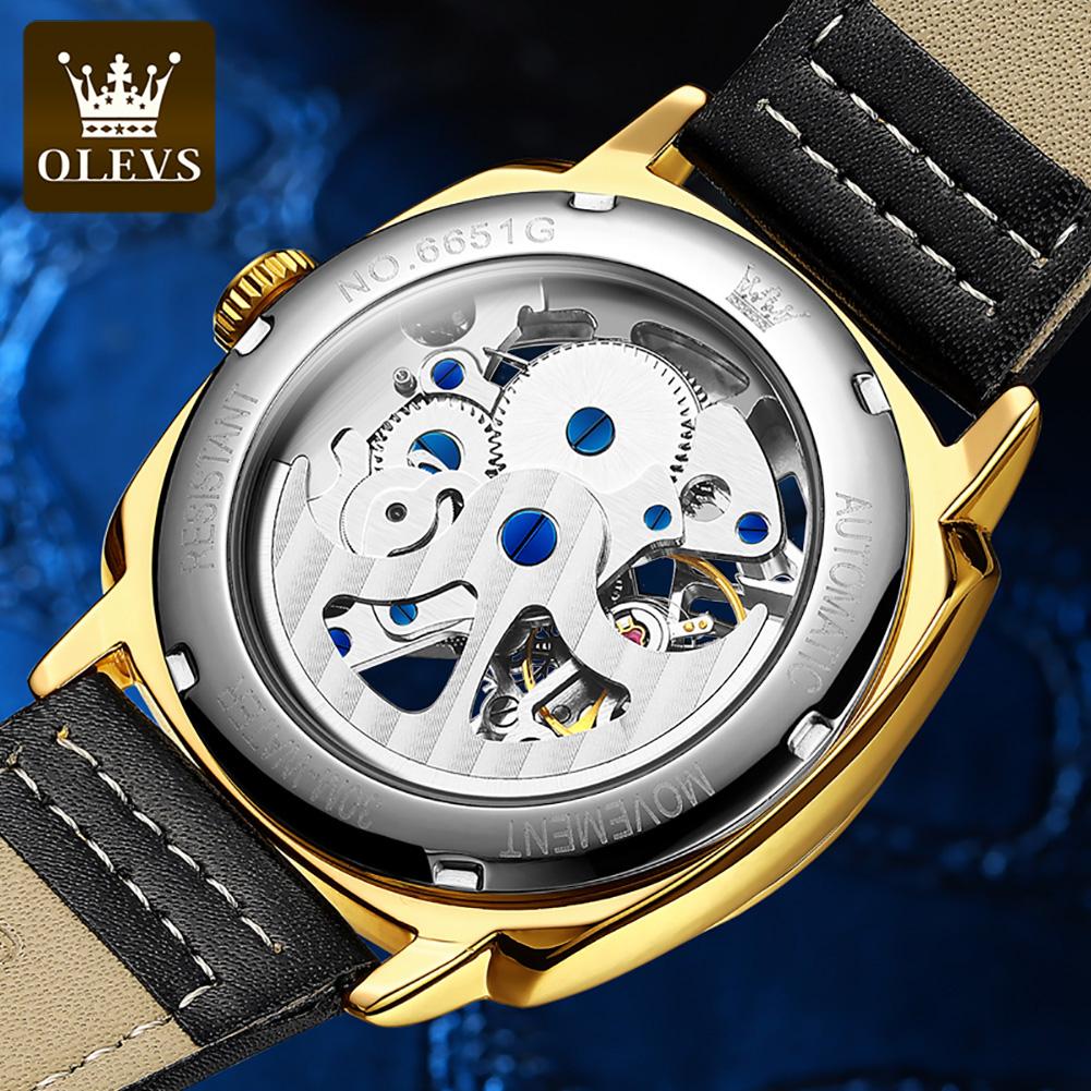 OLEVS 6651 Men's Watches Hollow Square Dial Leather Strap Business Men Wristwatch Original Luxury Brand Men's Wristwatches