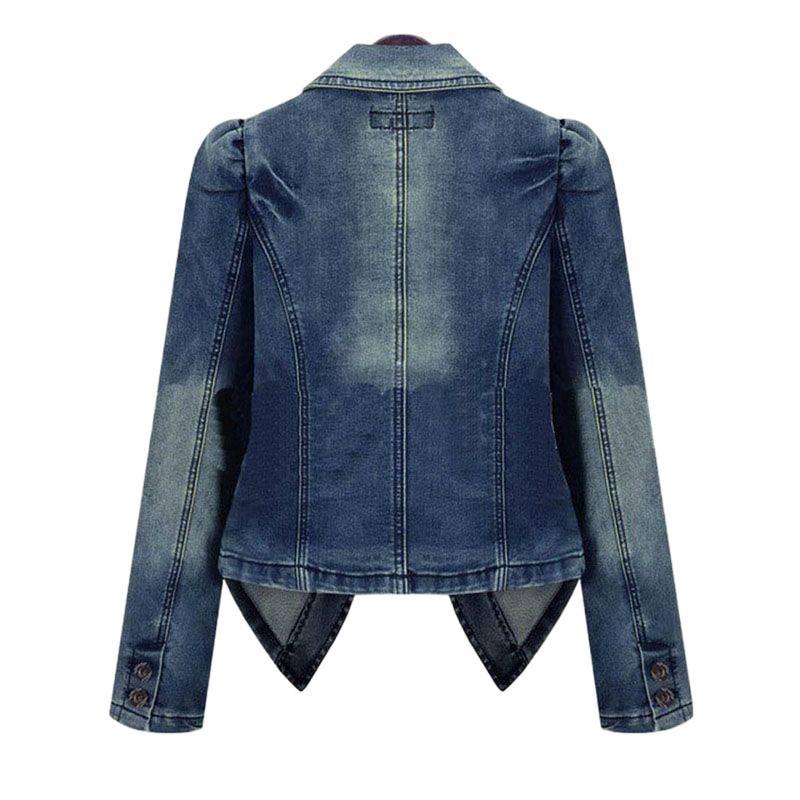 Frauen Loch Tasche Taste Denim Jacke Patchwork Drehen-unten Kragen Femme Jeans Mantel Herbst Winter Mode Outwear
