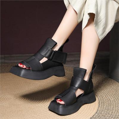 Damen Sandalen mit eckiger Spitze und dicker Sohle, echtes Leder, Retro Peep-Toe Hollow-out Stiefel
