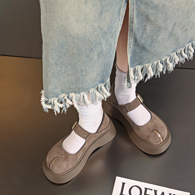Fashion Women's Thick Sole Single Shoes Spring New Round Head Shallow Mouth Suede Metal Buckle Anti-slip Wear-resistant Low-top Shoes