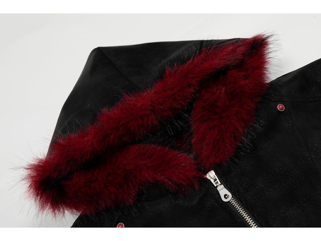 2025 Winter Weinrot Retro Kapuzenmantel mit Pelzkragen Baumwollmantel - Kurzer Reißverschluss Breite Jacke