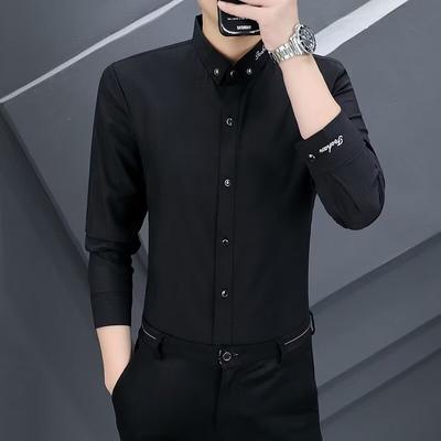 Camisa Masculina Slim Fit de Manga Comprida, Personalizada, Sem Passar, Casual, Gola Grande, Gola Alta, Cor Sólida, Camisa Versátil, Primavera e Outono 2024