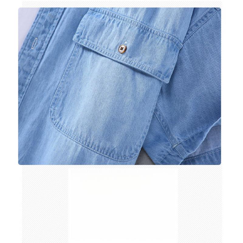 Summer New Vintage Artistic Men'S Short-Sleeve Denim Shirt Solid Color Lapel Collar Loose Casual Versatile Shirt
