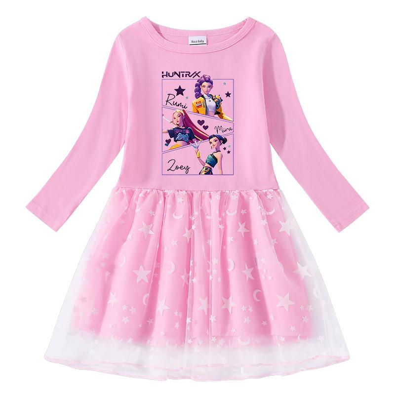 Korean-Style Kpop Demon Slayer Mesh Princess Dress for Kids - Short Sleeve for Summer, Long Sleeve for Spring/Autumn