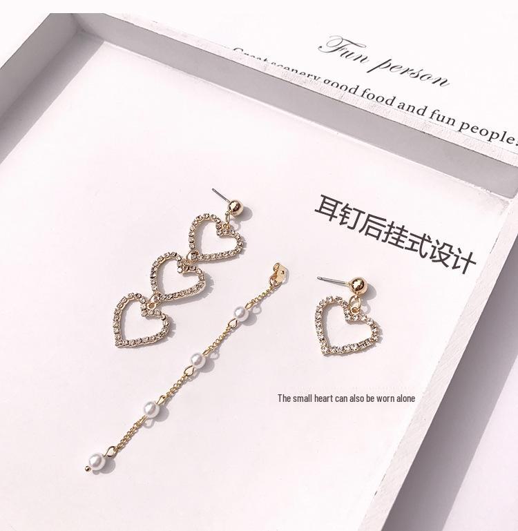 Korean Chic Asymmetrical Pearl & Tassel Earrings with Peach Heart Clip