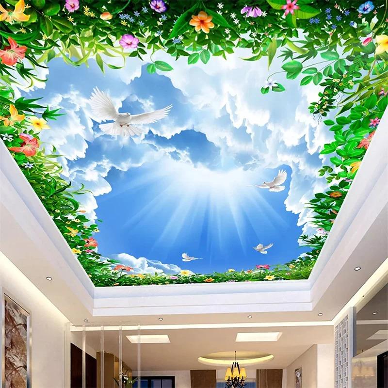 Custom Simple and High-end 3D Photo Wallpaper Blue Sky White Clouds Vine Ceiling Luxury Living Room Bedroom Background Wall Decoration Wall Painting