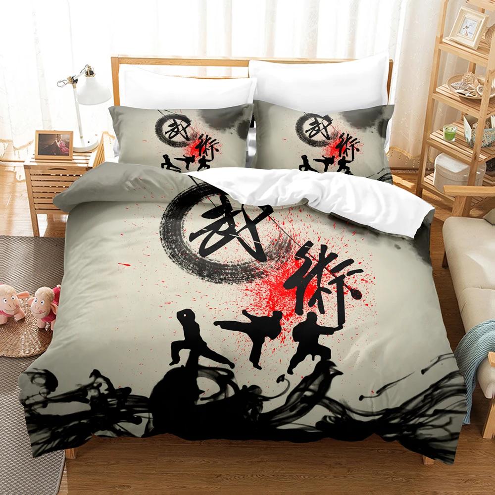Chinese Kungfu Duvet Cover Black Cartoon Martial Artist Silhouette for Adult Teens Boys China Cultural Theme Bedroom Decoration