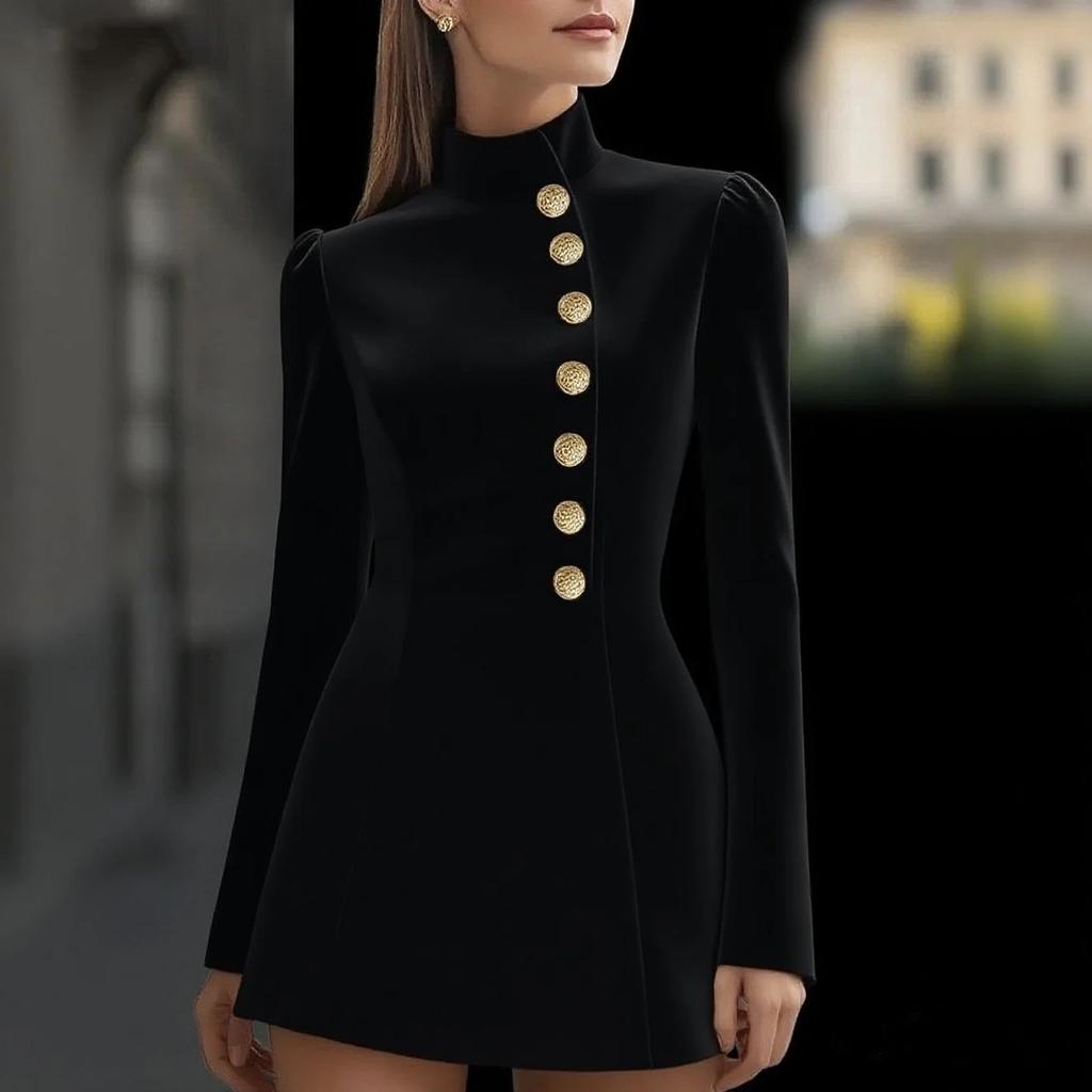 Stand Collar Commuter Blazer Mini Dress Single-Breasted Solid Long Sleeve Slim Casual Workwear Party Date Night for Women Chic