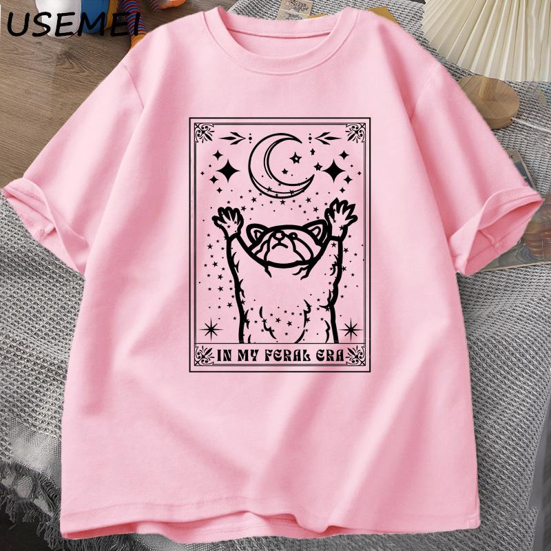 In My Feral Era Raccoon Tops Mystical Racoon Tarot Card Print T-shirt Summer Cotton Short Sleeves Tee Shirt Men Clothes S розовый 1790₽