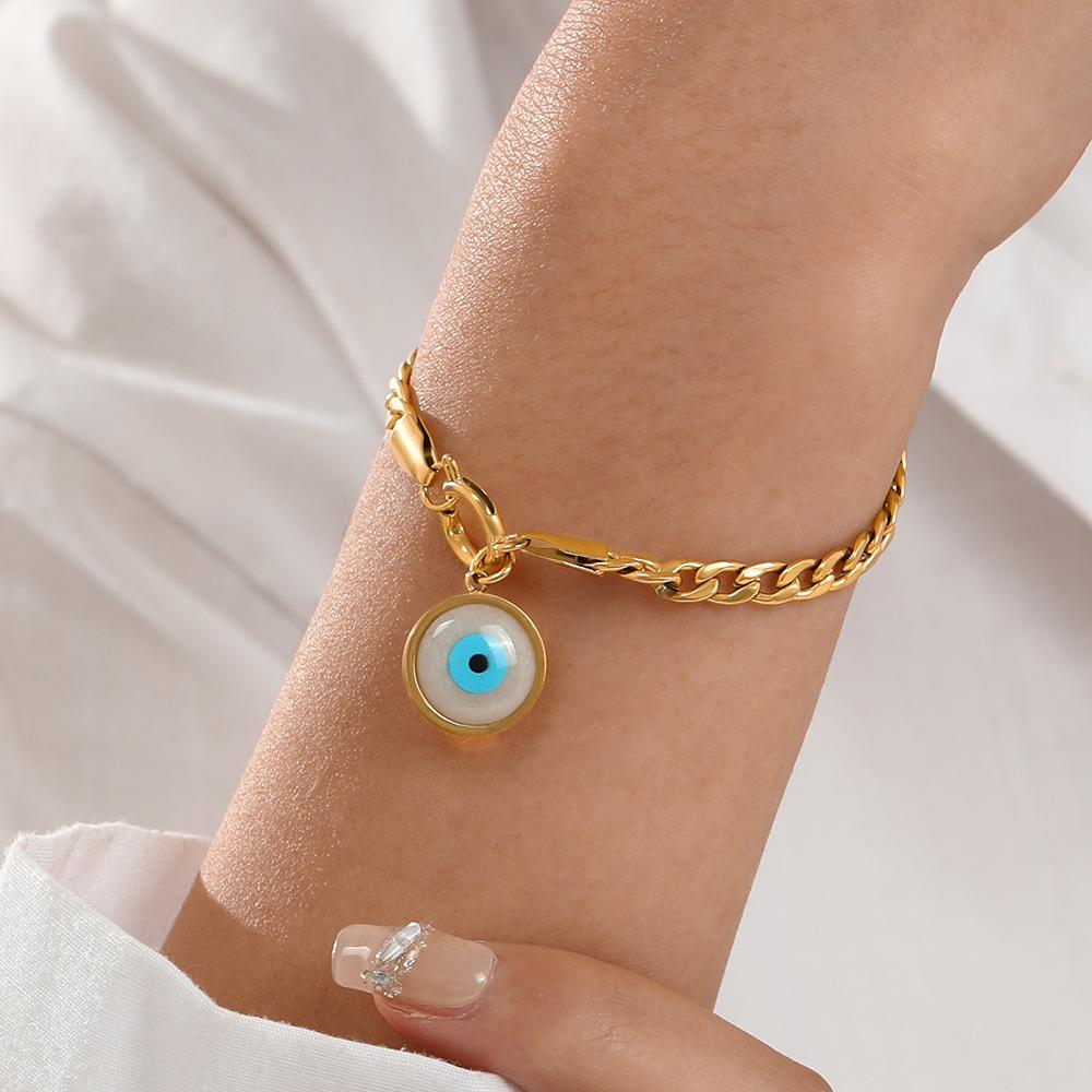 2024 Mode Trend Blaues Auge Anhänger Halskette Armband Set Schlicht Edelstahl Goldfarbe Zirkon für Frauen Geschenk Kostenloser Versand