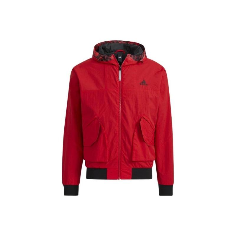 

adidas Logo Print Solid Color Hooded Long-Sleeve Jacket for Men, Red XL