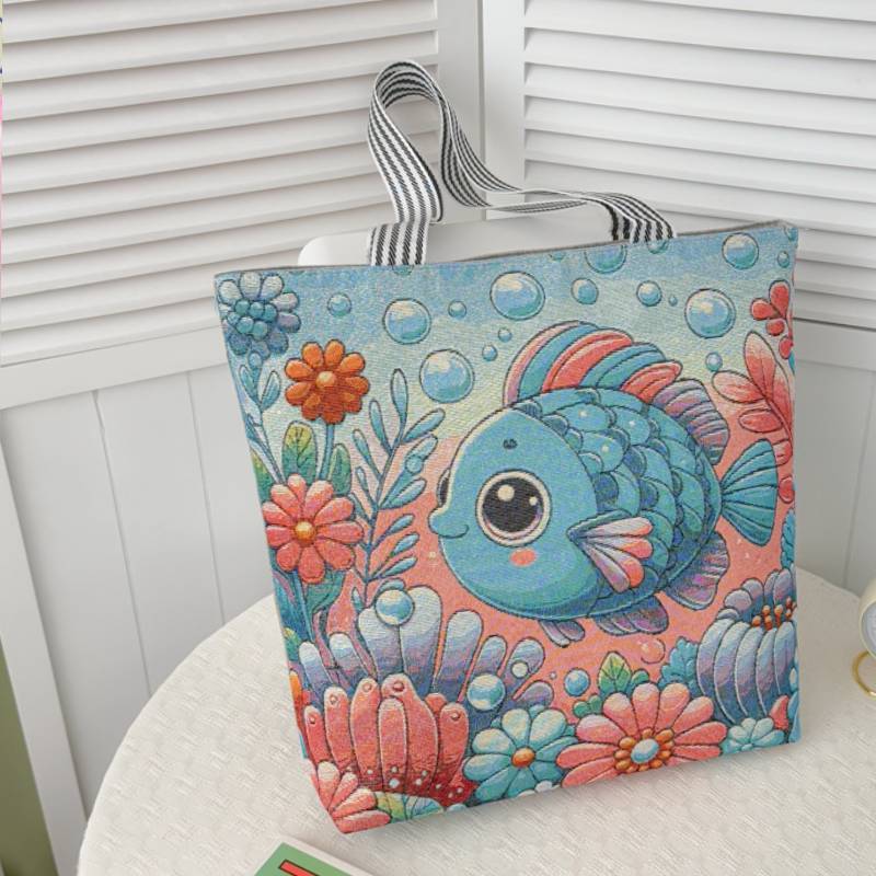 Cartoon Canvas Tote Bag Large Capacity Embroidered Floral For Casual Travel