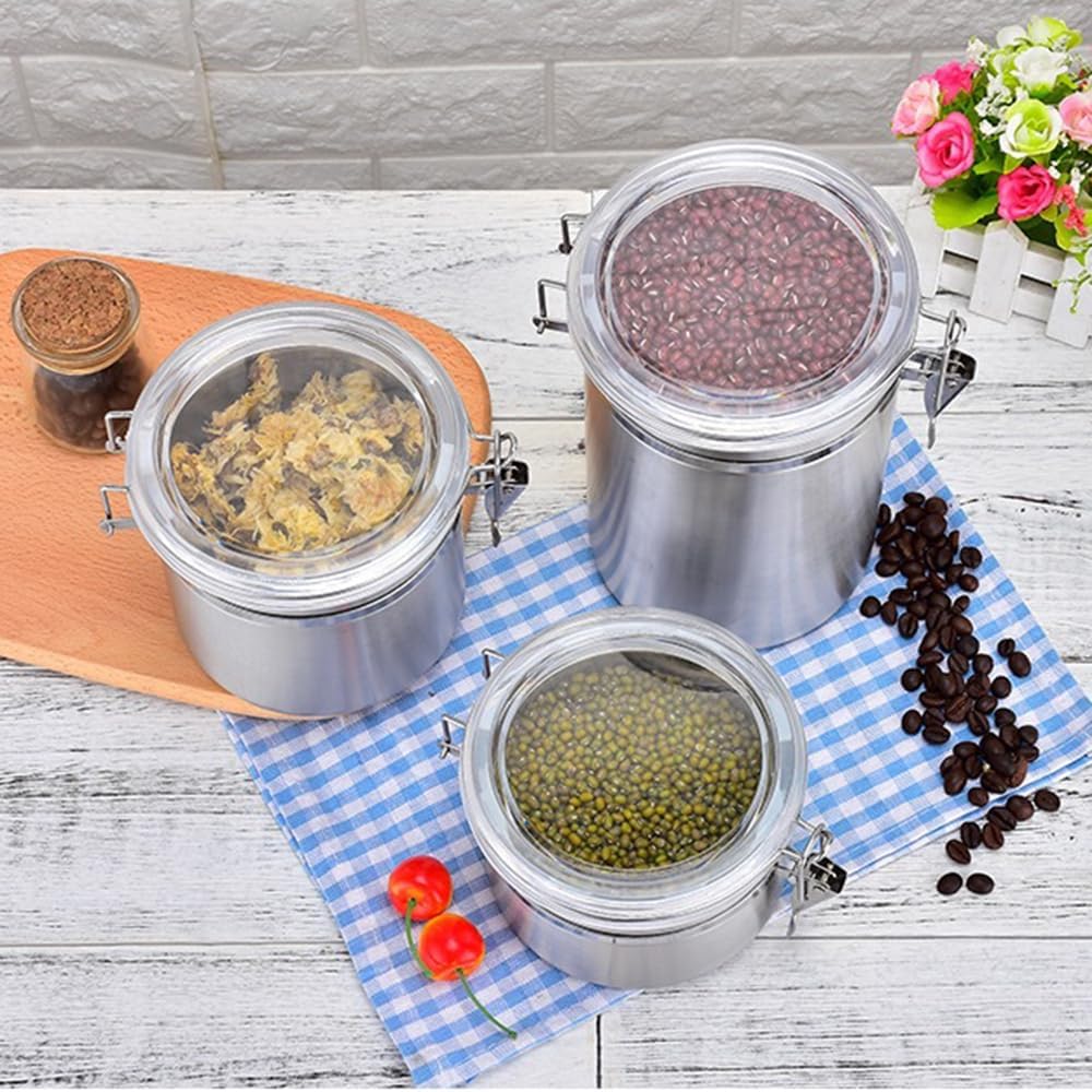 Stainless Steel Canister, Airtight Food Storage Container with Locking Clamp Clear Lids, Food Storage Coffee Beans Canister for Flour Tea Sugar Rice