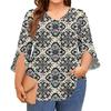 Damen Druck V-Ausschnitt Übergröße Tops 3/4 Ärmel Elegante Hemd-Tops
