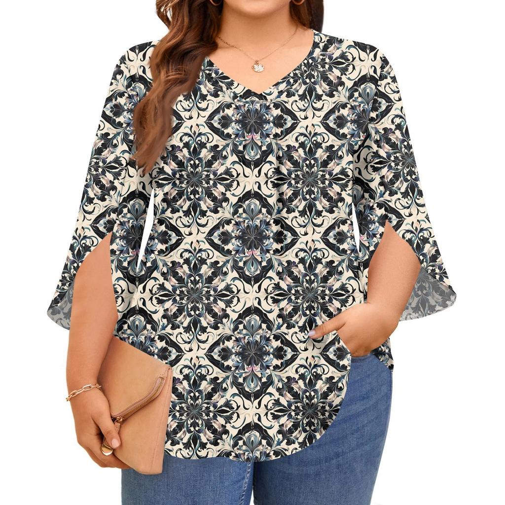 Damen Druck V-Ausschnitt Übergröße Tops 3/4 Ärmel Elegante Hemd-Tops