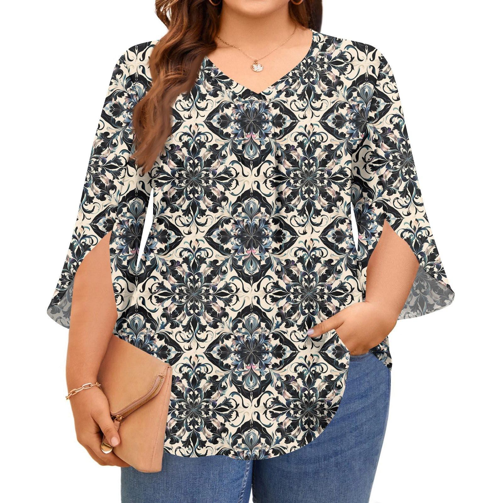 

Женские топы с принтом, V-образным вырезом, больших размеров, с рукавами 3/4, элегантные рубашки L