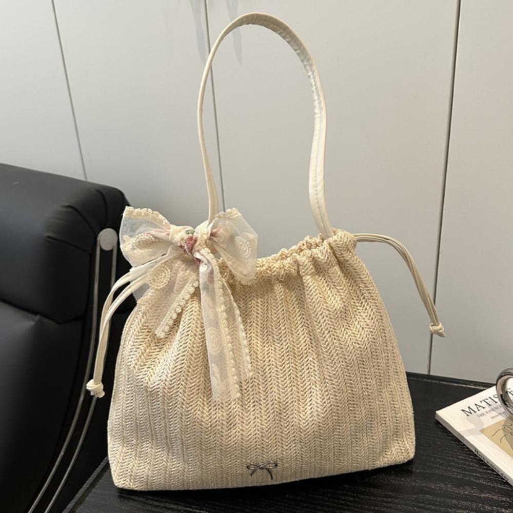 

Bow Grass Knitted Tote Bag Bohemian Style Beach Shoulder Bag Trendy Straw Woven Bag Summer белый