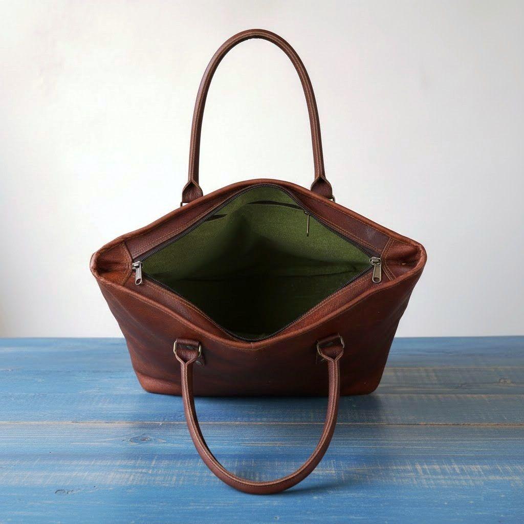 Bolsa de compras feita à mão em couro de cabra genuíno feminino