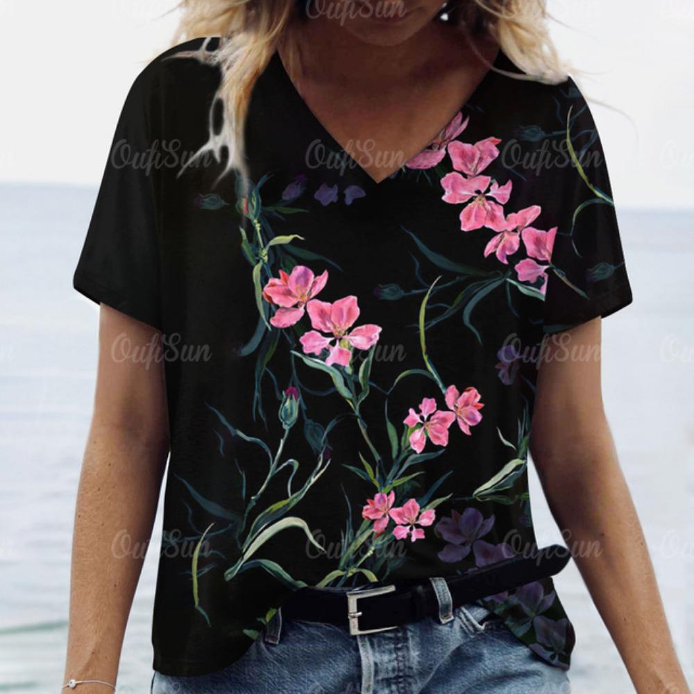 

Женская футболка Летняя футболка с цветами Женская одежда Футболка с коротким рукавом Женская футболка с V-образным вырезом 4XL