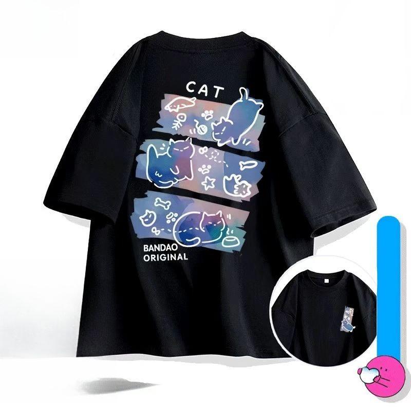 

American Color Graffiti Cat Crew Neck Shortsleeved Tshirt for Unisex and Women 2025 Summer Ins Loose Halfsleeved Top S