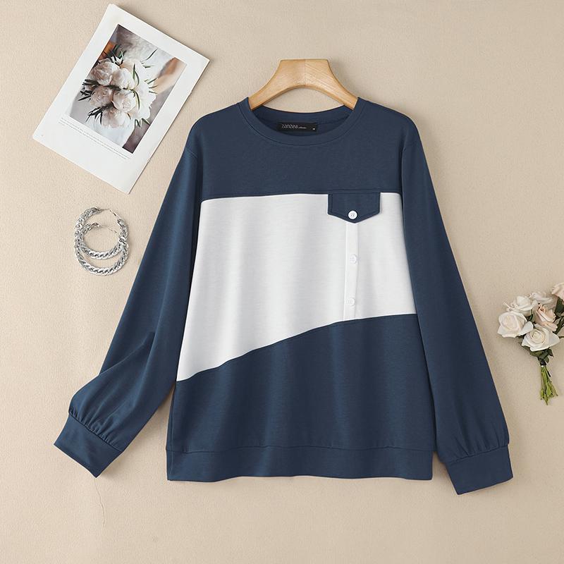 

ZANZEA Women Casual Round Neck Long Sleeve Patchwork Thin Sweatshirts XL Темно-синій