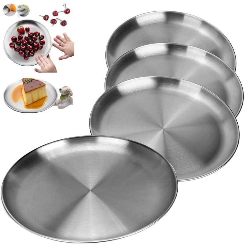 2Pcs Silver Stainless Steel Round Plates Rust Proof Food Safe Dinner Dishes for Home Outdoor BBQ Camping Picnic