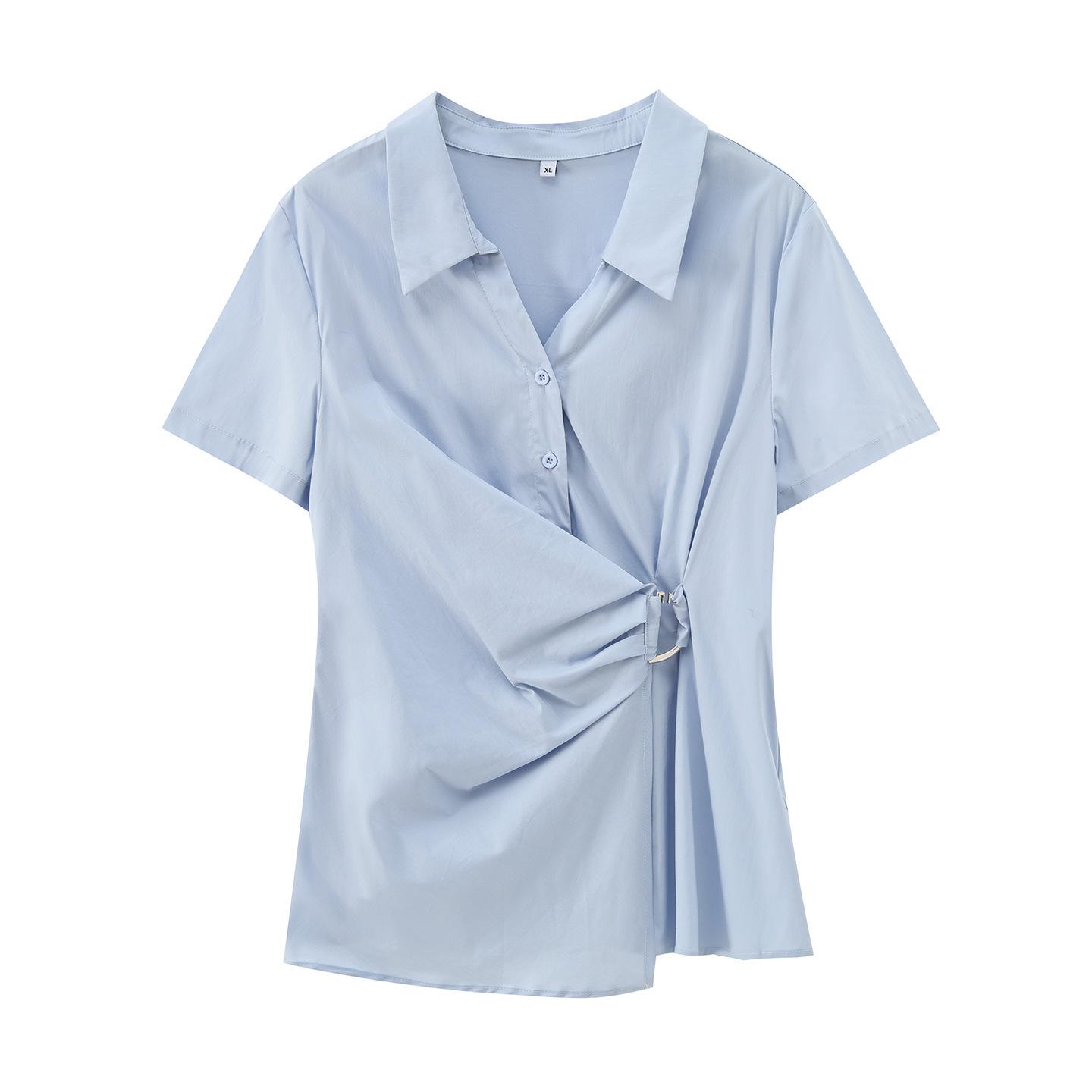 

Zhi Xuan Plus Size Women s Irregular Short Sleeve Summer Shirt: Waist-Cinched Slimming Top 234409 5XL (220-260 jin) синий