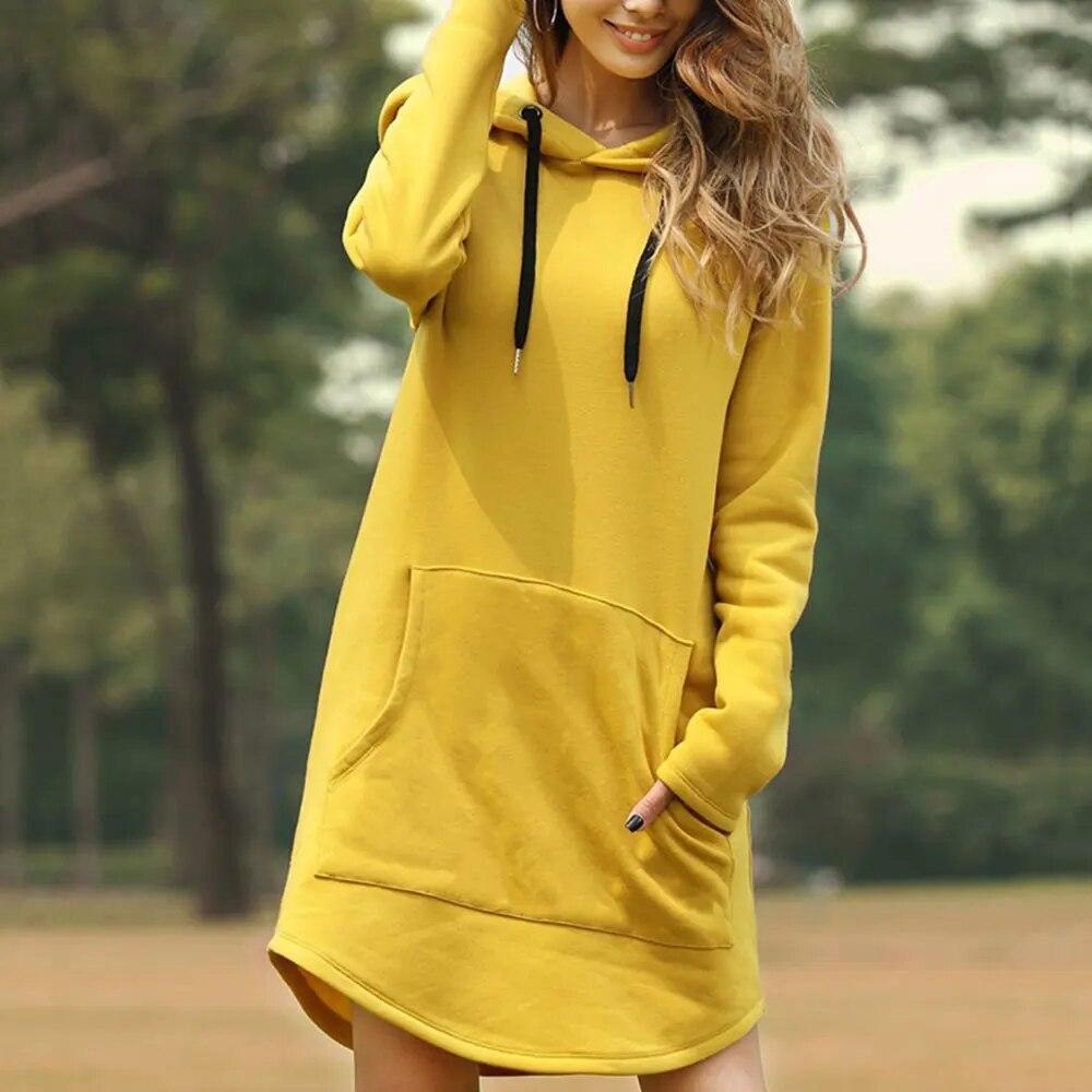 Hoodies Casual Losse Effen Jurk Vrouwen Elegant Lange Stijl Zak Oversized Sweatshirt Vrouwelijk Lief Design Chic Streetwear Jurken