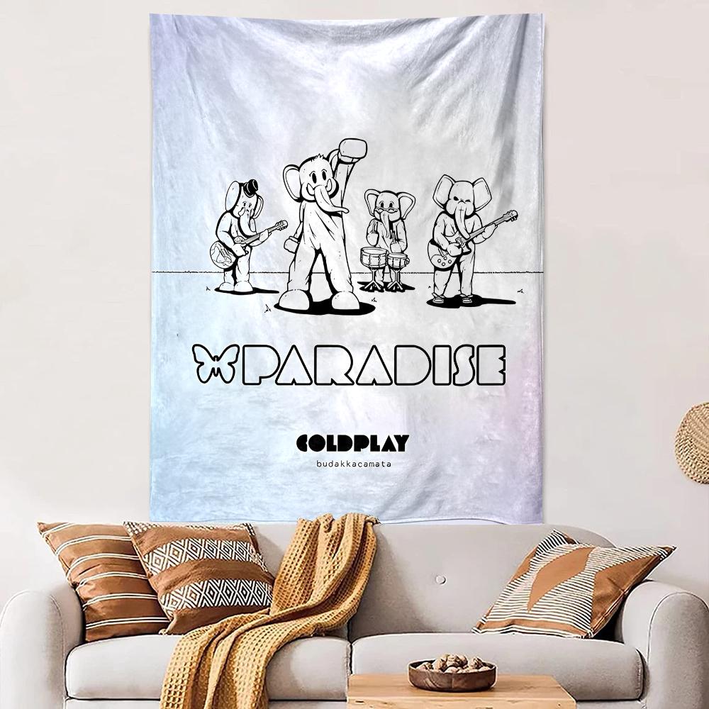 Vertical Tapestry Coldplay Paradise Cartoon Elephants Band Line Art Pastel Wall Hanging Tapestry Home Decor Gift