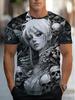 Men's Gothic Skull & Fantasy Girl Print T-Shirt - Full-Body Gothic Design Short Sleeve Round Neck Tee, Lightweight Stretch Fabric Suitable for Home,