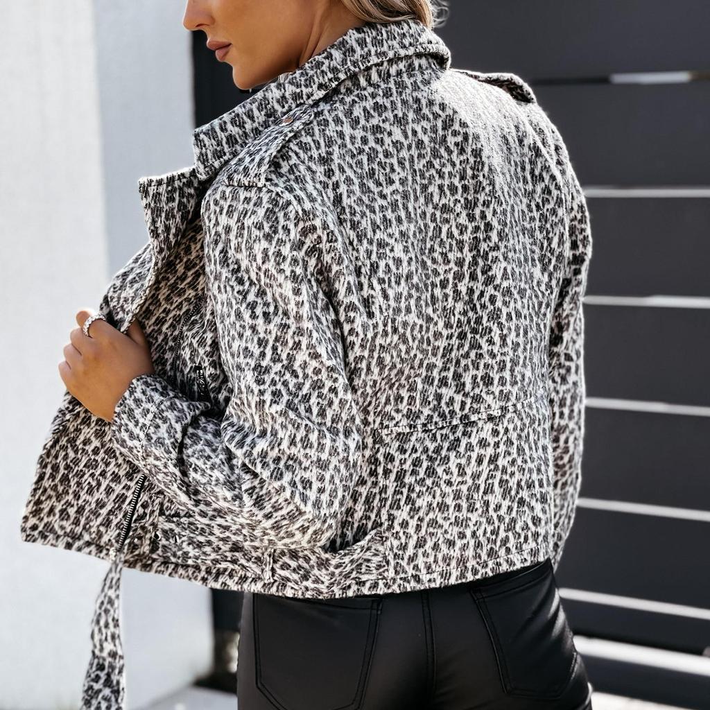 2025 Nová podzimní a zimní dámská móda Leopardí potisk Dlouhý rukáv Krátká bunda