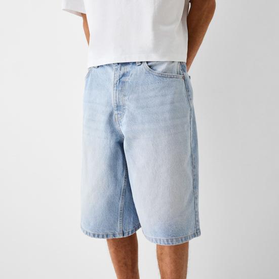Erkek Denim Şort Orta Yükseklikte Düğmeli Fermuarlı Yaz Kot Pantolon Düz Geniş Paça Denim Şort Cepli