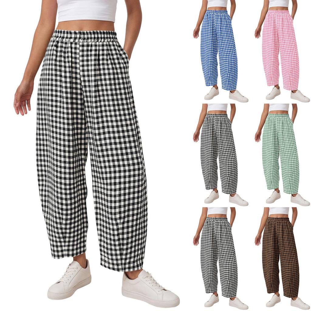 Pantalones Jogger de Cuadros para Mujer, Corte Holgado, Pierna Recta, Cintura Elástica y Bolsillos Laterales para Comodidad Casual
