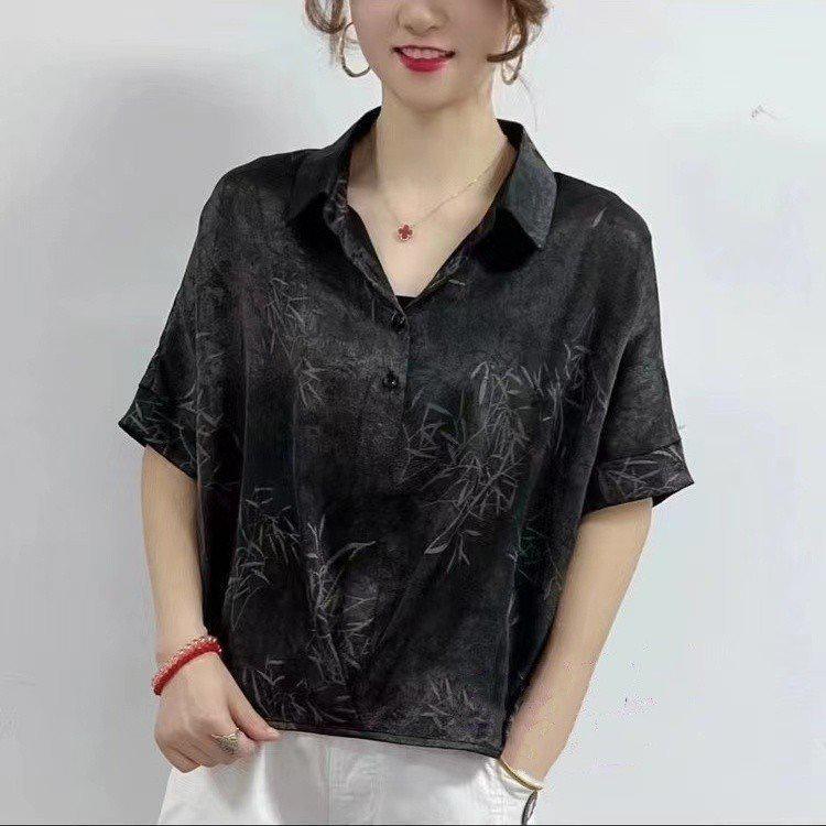 2026 Summer Chic Women's Short-Sleeve Lapel Blouse - Loose, Thin Jacquard Top for Middle-Aged Women