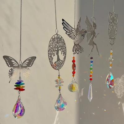 Faux Crystal Sun Catcher Decoration Hollow Fairy Tree of Life Owl Butterfly Hummingbird Hanging Ornament Indoor Outdoor Home Office Garden Window