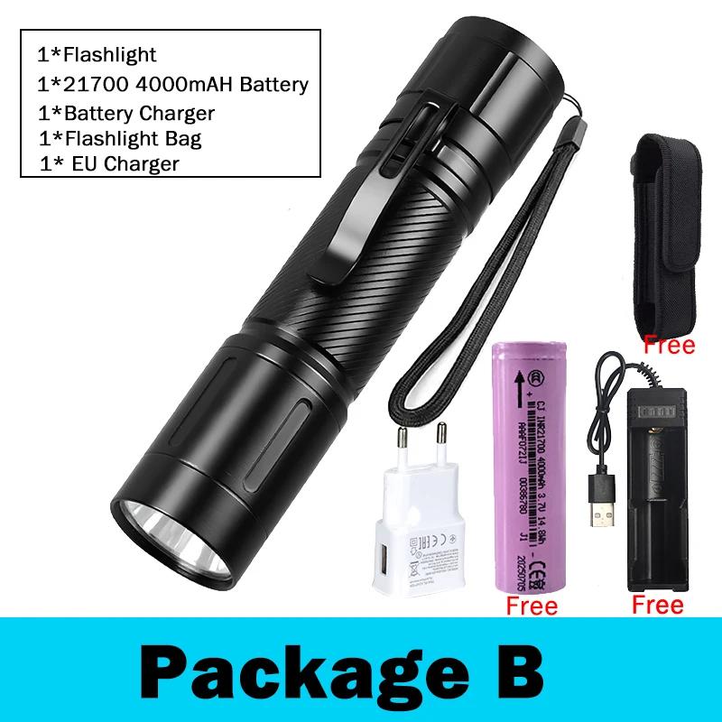 High Power LED Flashlights Tactical Torch 6 Modes Flashlight with Pen Clip Aluminum Alloys Waterproof External 21700 Battery