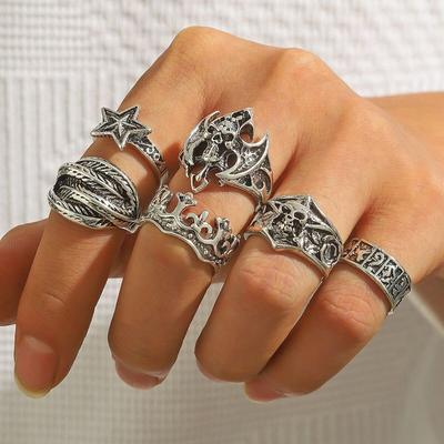 6 Suit Skull Rings for Men Fashion Exaggerated Niche Style Retro Gothic Wind Punk Hip Hop Unique Ring Accessories
