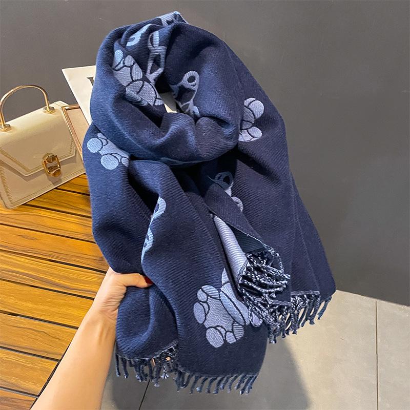 New Line Bear Imitation Cashmere Scarf for Women Korean Version Winter Cute All match Scarf To Keep Warm and Cold Plus Velvet Shawl