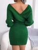 V Neck Cross  Sweater Dress Solid Color Elegant Long Sleeve Bodycon Loose Dresses Causal Bat Dress