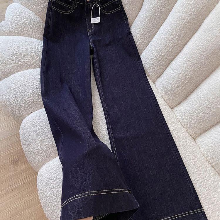 High-waisted Micro-flared Jeans Women's Jeans Summer Thin Dark Blue A-shaped Wide-leg Pants Simple Raw Color Denim Straight‑Leg Pants