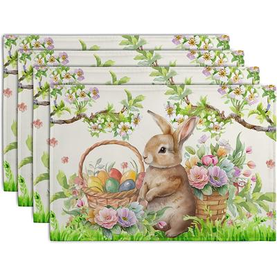 4 Peças, Jogos Americanos de Coelho da Páscoa e Cesta de Flores, Laváveis, Adequados para Festas de Feriado, Decoração de Casa, Bancadas de Cozinha, Mesas de Jantar Retangulares