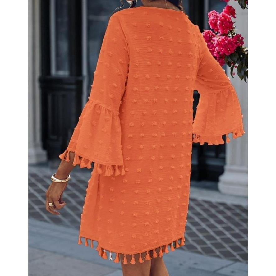 YYFS Moda Damska Lato Wiosna Jednolity Kolor Nadruk Rękawy 3/4 Dekolt V Luźny Pas Casualowe Sukienki